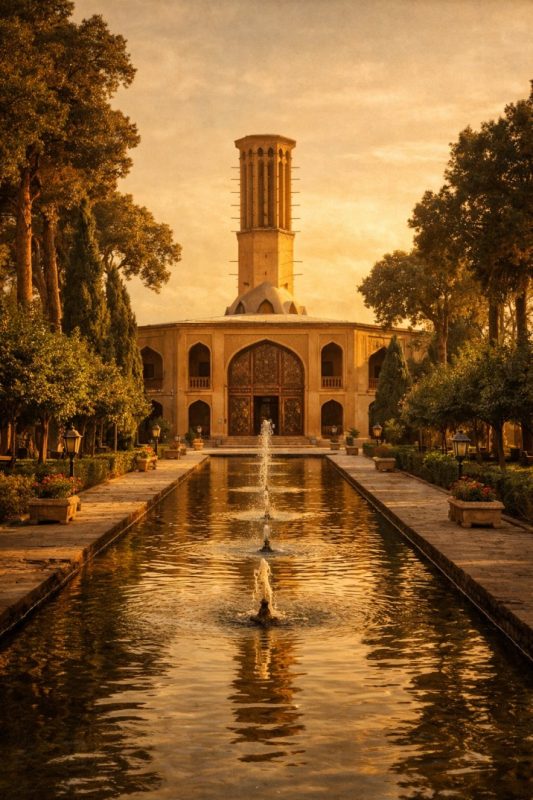 عکس هنری کلاسیک از باغ دولت‌آباد با نور طلایی